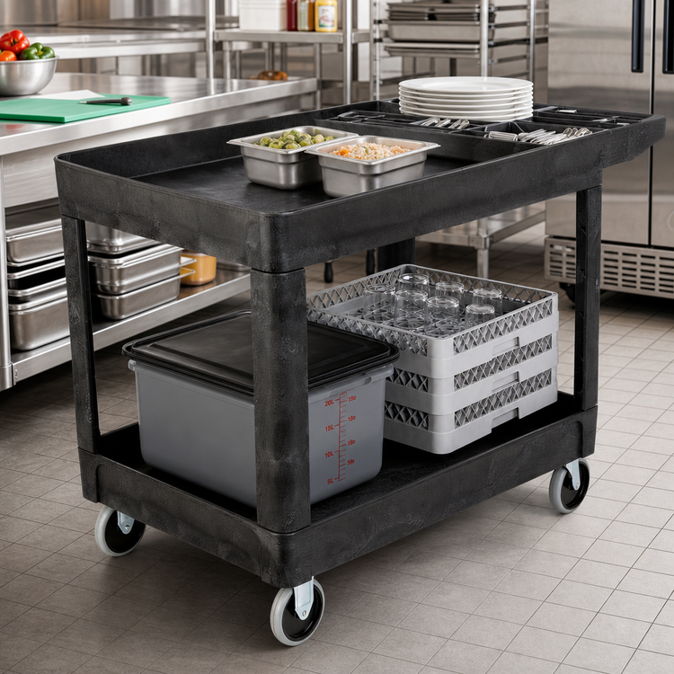 Product image #2 for Rubbermaid Commercial Products Heavy-Duty Black Structural Foam Bus Cart with 2 Lipped Shelves