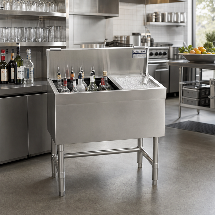 Product image #2 for Spec-Bar Combo Ice Bin/Bottle Unit with Left-Side 8-Bottle Compartment, 30 x 24 Inches, 64 lb Ice Capacity