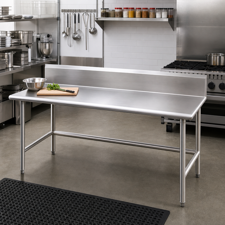 Product image #2 for Advance Tabco 84-Inch x 24-Inch 14-Gauge 304 Stainless Steel Work Table with No-Drip Edge, 10-Inch Backsplash, and Open Base