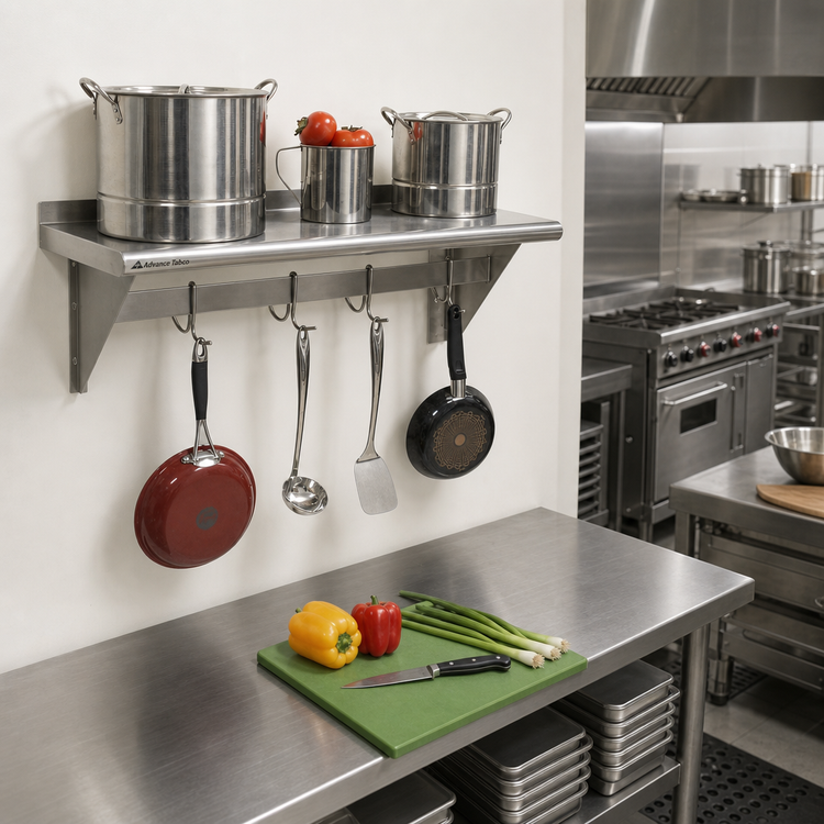 Product image #2 for Advance Tabco Wall-Mounted Shelf with Pot Rack, 48 x 12 Inches, Stainless Steel