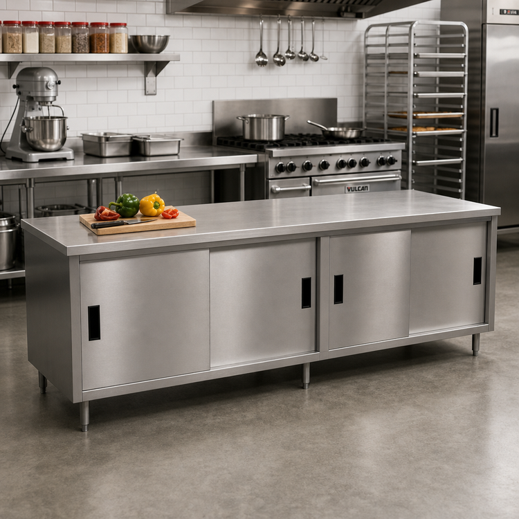Product image #2 for BK Resources Dual Access Stainless Steel Chef Table Cabinet Base with Sliding Doors, 120 x 30 x 34-3/4 Inch