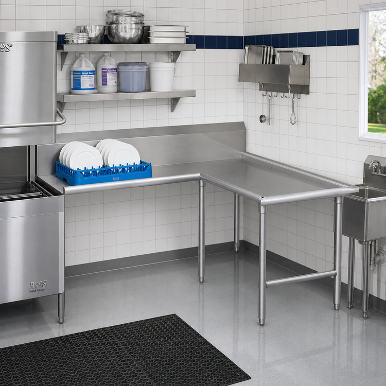 Product image #2 for John Boos Pro-Bowl L-Shaped Island Clean Dishtable, 60" Machine-to-Corner x 120" Corner-to-End, Left-to-Right, 16/300 Stainless Steel
