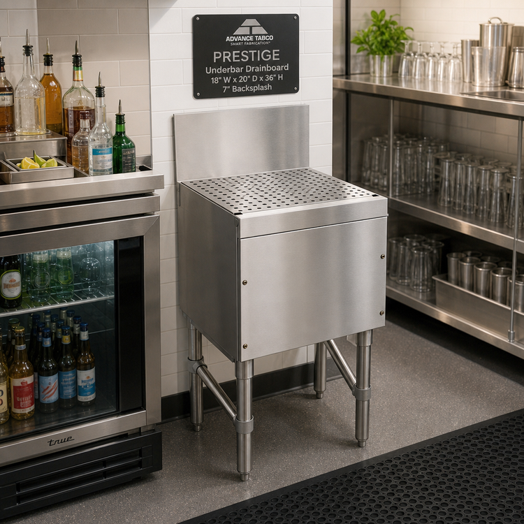 Product image #2 for Advance Tabco Prestige Freestanding Underbar Drainboard, 18" W x 20" D x 36" H, 7" Backsplash