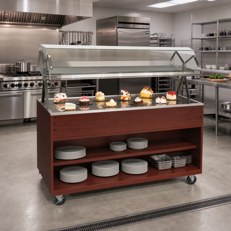 Product image #2 for Vollrath 2-Series Affordable Portable 60-Inch Buffet Utility Station with Open Storage Base, Lights, and Cherry Woodgrain Finish