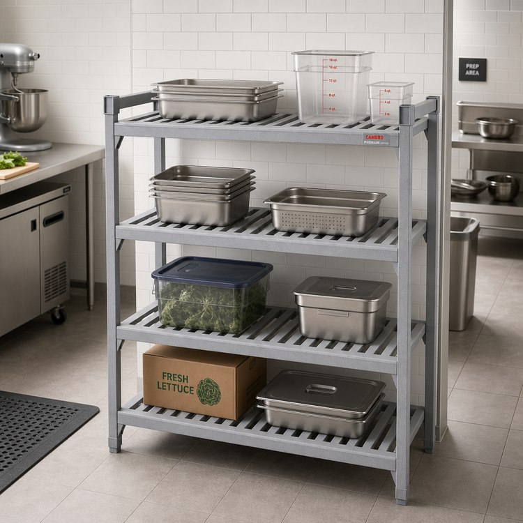 Product image #3 for Cambro Camshelving Premium 24" x 48" 4-Shelf Vented Shelf Kit, Speckled Gray