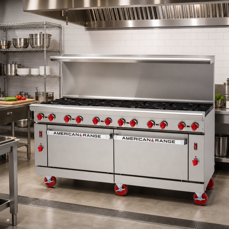 Product image #2 for American Range Green Flame 72-Inch Commercial Gas Range with 12 Open Burners and 2 Standard Ovens