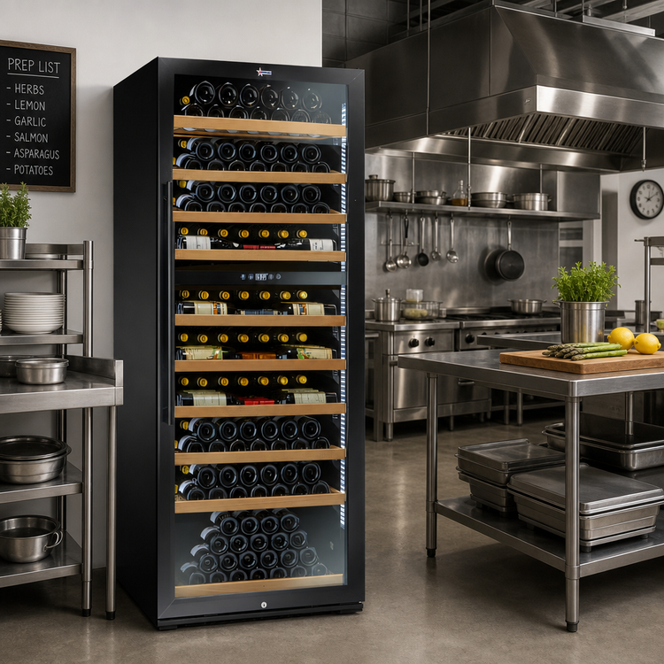 Product image #2 for Omcan Vinovero 290-Bottle Commercial Dual Zone Wine Cooler with Locking Black Framed Glass Door