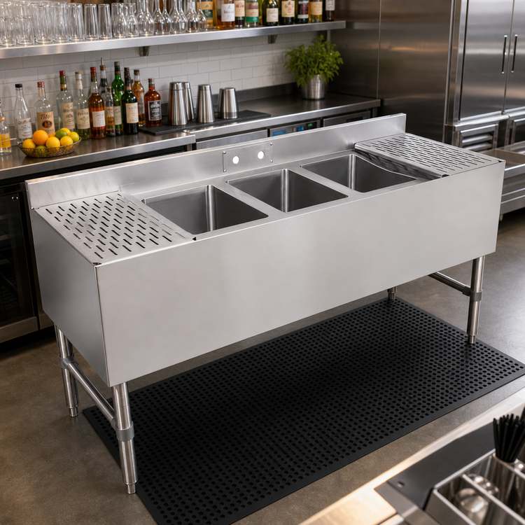 Product image #2 for John Boos UBS3-2160-2D12 3-Compartment Underbar Sink Unit with Dual 12-Inch Drainboards, 60-Inch Wide