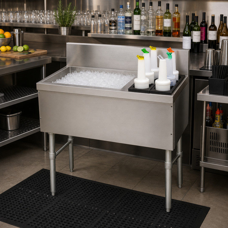 Product image #2 for Advance Tabco Prestige Underbar Stainless Steel Ice Chest with 10-Circuit Cast Aluminum Cold Plate and Right-Side Bottle Rack, 36 x 20 x 36 Inches