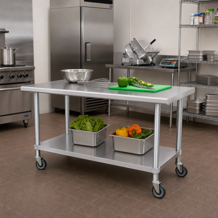 Product image #2 for Advance Tabco Special Value Series Mobile Flat Top Stainless Steel Work Table with Adjustable Undershelf and Casters, 48 x 30 Inches