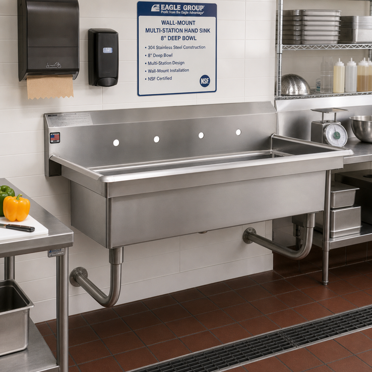 Product image #2 for Eagle Group 48-Inch Wall-Mount Multi-Station Hand Sink with 8-Inch Deep Bowl