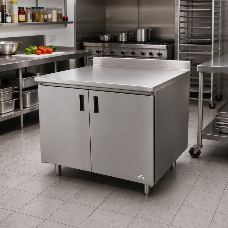 Product image #2 for Advance Tabco 36" x 36" Enclosed Stainless Steel Work Table with Cabinet Base, Mid-Shelf, Hinged Doors and Rear Up-Turn