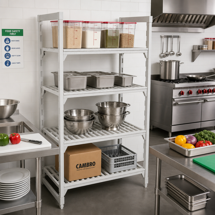 Product image #3 for Cambro Camshelving Premium Stationary Starter Polymer Shelving Unit, 21 in D x 72 in L x 84 in H, 4 Vented Shelves, Speckled Gray
