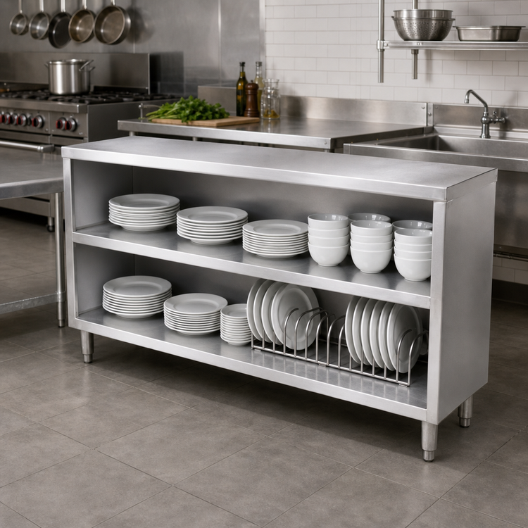 Product image #3 for John Boos Open Front Stainless Steel Dish Cabinet with Mid-Shelf, 72"W x 18"D x 35"H