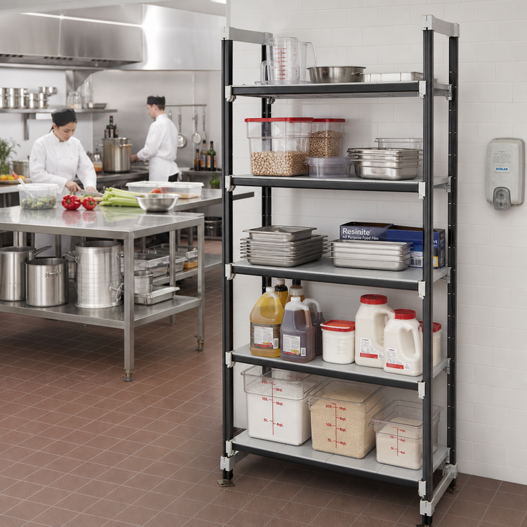 Product image #2 for Cambro Camshelving Elements XTRA High Density Top Rail Stationary Starter Unit, 18-Inch Deep x 36-Inch Wide x 81-Inch High, 5-Tier Track Shelving