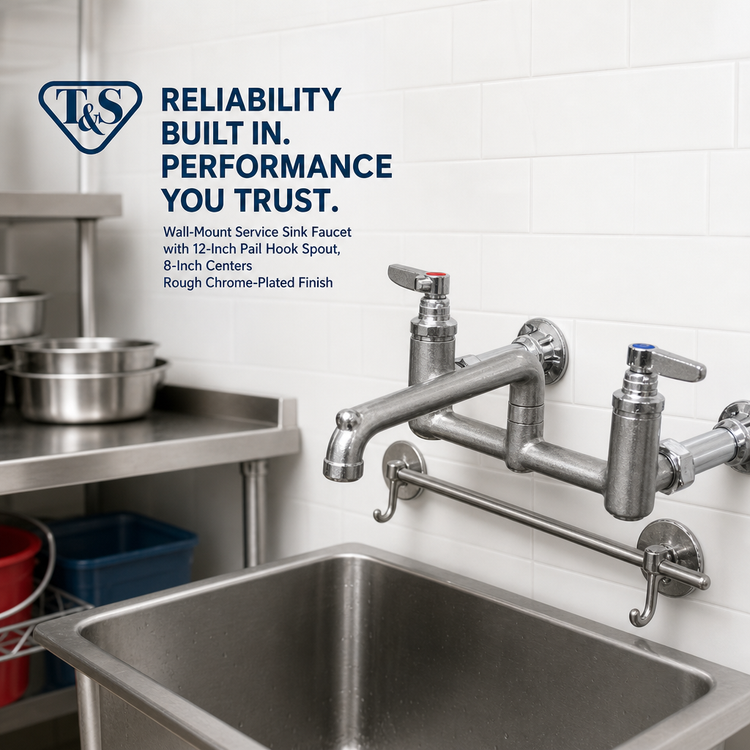 Product image #2 for T&S Brass Wall-Mount Service Sink Faucet with 12-Inch Pail Hook Spout, 8-Inch Centers, Rough Chrome-Plated Finish