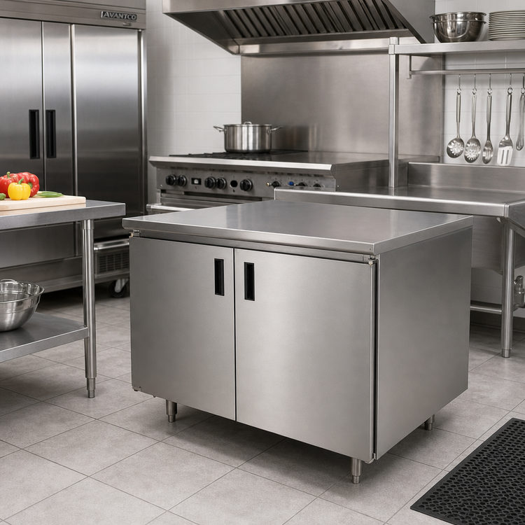 Product image #2 for Advance Tabco 36" W x 30" D Enclosed Work Table with Cabinet Base, Mid-Shelf, Hinged Doors and 14 Gauge 304 Stainless Steel Top