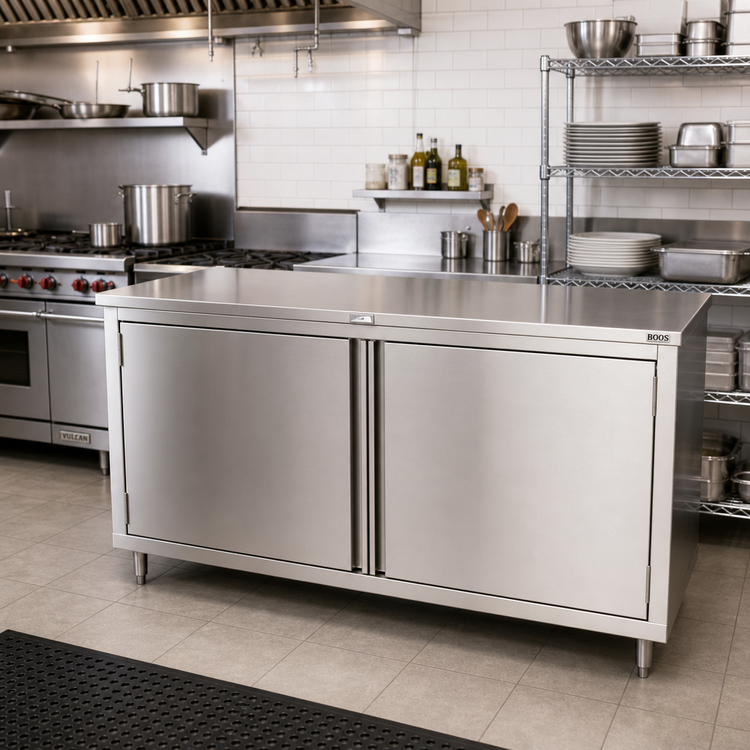Product image #2 for John Boos 84-Inch x 24-Inch Stainless Steel Enclosed Work Table with Cabinet Base and Hinged Doors