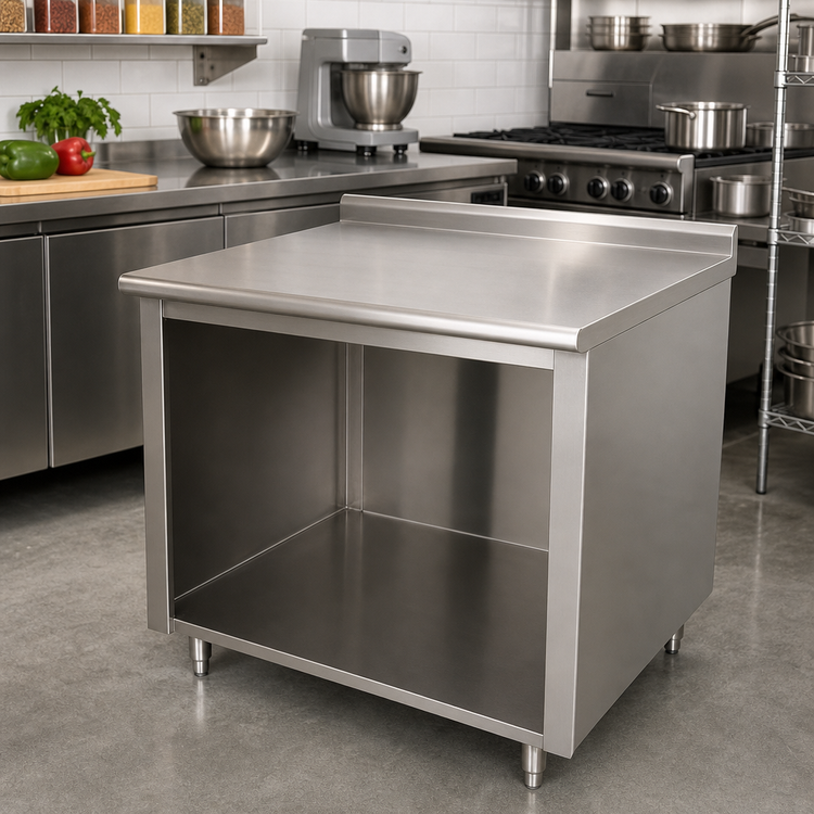 Product image #2 for Advance Tabco 48 Inch x 24 Inch Stainless Steel Open Front Cabinet Base Work Table with 1-1/2 Inch Rear Backsplash