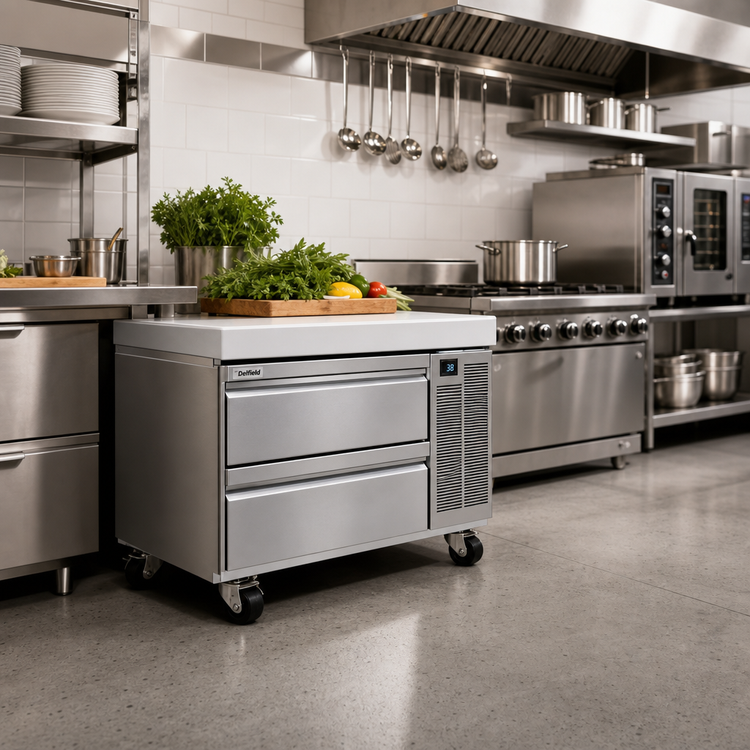 Product image #2 for Delfield Low-Profile Refrigerated Equipment Stand with 2 Drawers, 36-1/4-Inch Wide, Side-Mounted Refrigeration