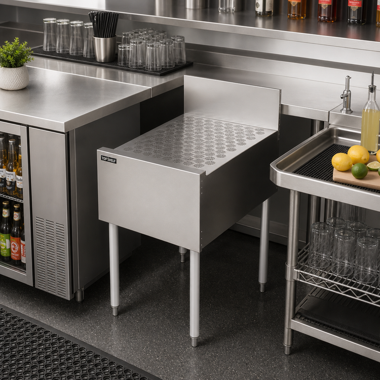 Product image #3 for Top Shelf TSCE18DB 18-Inch Freestanding Stainless Steel Underbar Drainboard with Backsplash and Perforated Glass Rack Insert