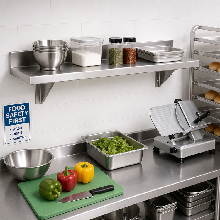 Product image #2 for Advance Tabco 48" W x 12" D Wall-Mounted Stainless Steel Shelf, 16 Gauge, Satin Finish
