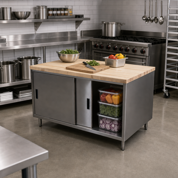 Product image #2 for BK Resources Dual Access Chef Table with Cabinet Base, Sliding Doors, and 48 x 30 Inch Hard Maple Top