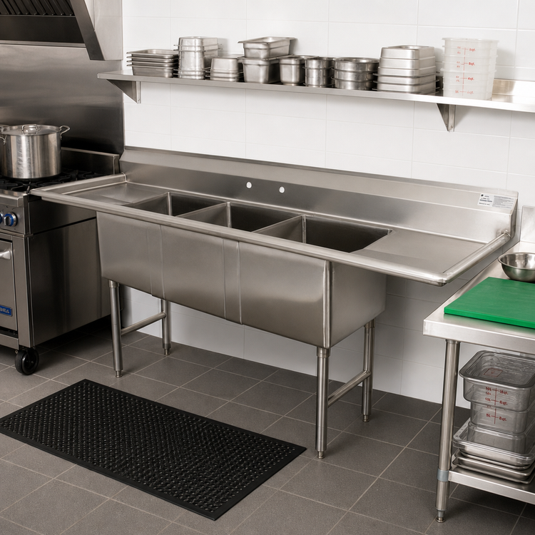 Product image #2 for Advance Tabco 3-Compartment Fabricated Sink with 24-Inch Left and Right Drainboards, 30 x 30 x 14-Inch Bowls