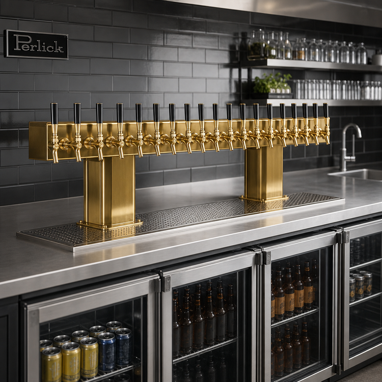Product image #2 for Perlick Extra-High Back-to-Back Bridge Tee Countertop Glycol-Cooled Draft Beer Tower, Brass Finish, 24 Faucets