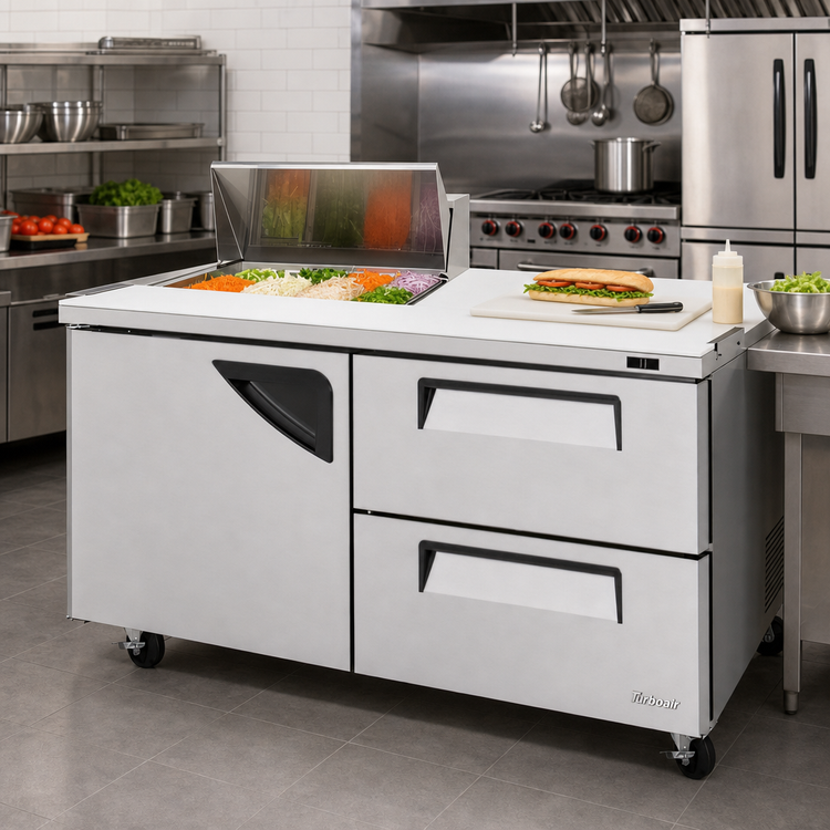 Product image #2 for Turbo Air Super Deluxe 2-Section Refrigerated Sandwich/Salad Prep Table with 8-Pan Opening, 2 Drawers and 1 Door
