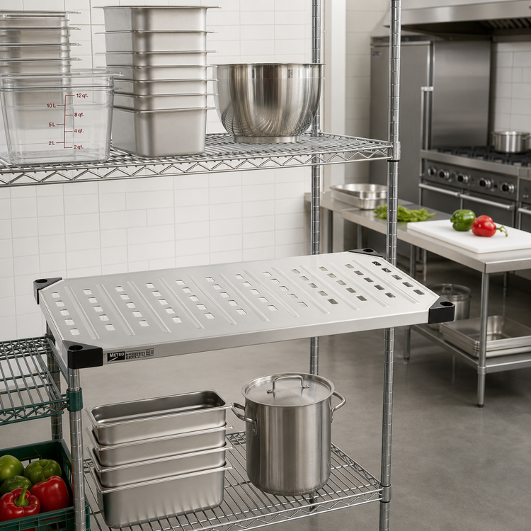 Product image #2 for Metro Super Erecta 48 x 24 Inch Stainless Steel Louvered/Embossed Shelf with Raised Ship's Edge