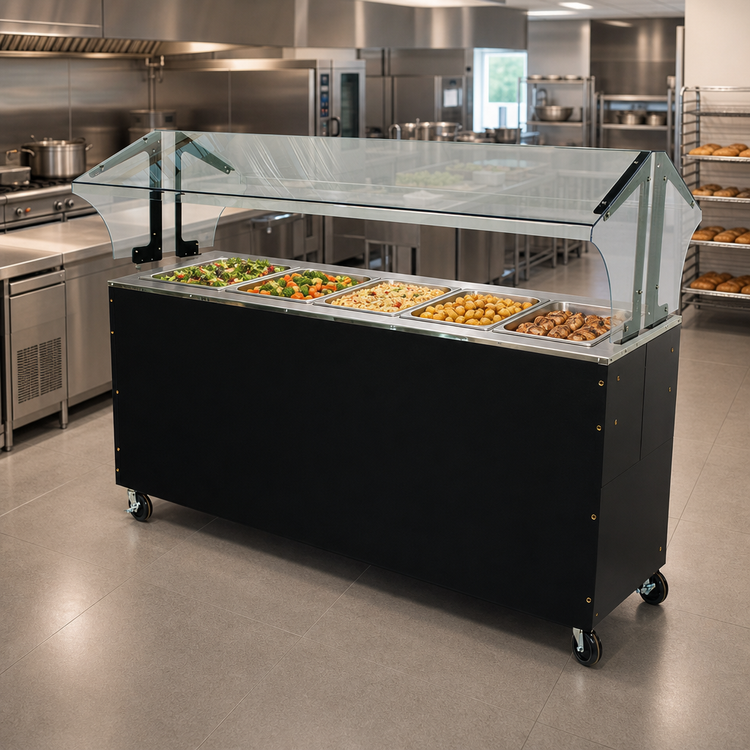 Product image #2 for Advance Tabco Triumph Supreme Portable Solid Top Buffet Table with Enclosed Base and Double-Sided Sneeze Guard, 5 Pan Size, 77-3/4 Inch Wide