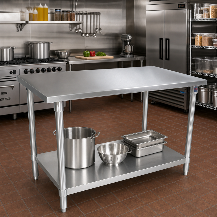 Product image #2 for John Boos Stallion 108"W x 36"D Stainless Steel Top Work Table with Galvanized Base and Adjustable Undershelf