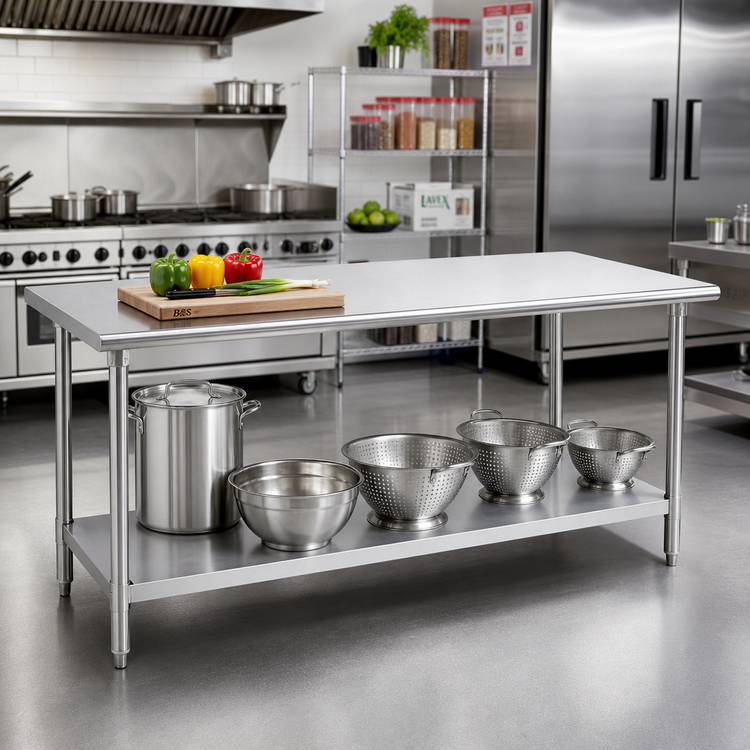 Product image #2 for Advance Tabco Stainless Steel Work Table with Adjustable Undershelf, 120 x 36 Inches, 16-Gauge 430 Top