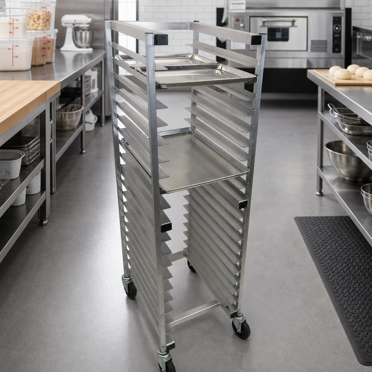 Product image #2 for Channel 20-Pan End-Load Nesting Aluminum Bun Pan Rack with 5-Inch Swivel Casters
