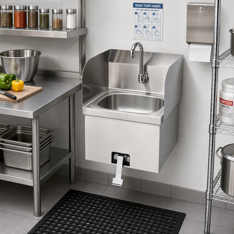 Product image #2 for Wall-Mounted Stainless Steel Hand Sink with Knee-Pedal Gooseneck Faucet and Side Splashes