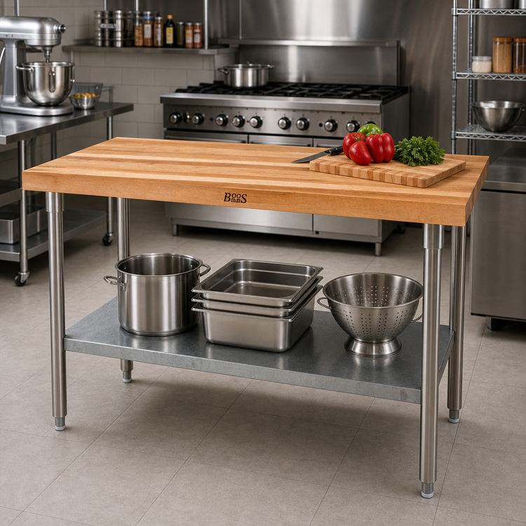 Product image #2 for John Boos 48 Inch x 30 Inch Northern Hard Rock Maple Wood Top Work Table with Stainless Steel Legs and Adjustable Undershelf