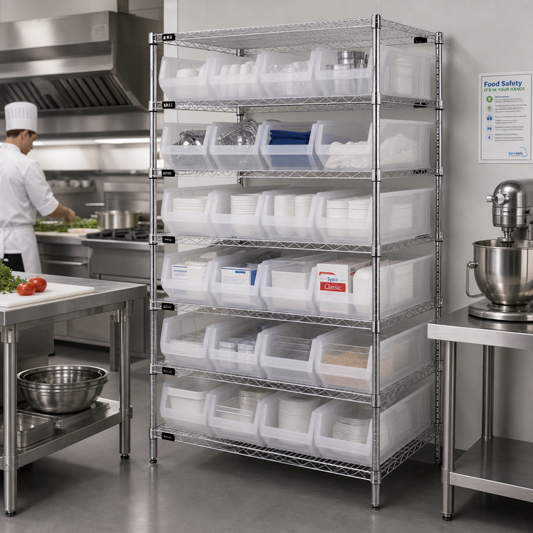 Product image #2 for Quantum WR8-950CL Stationary Bin Wire Shelving System with 28 Clear Bins, Chrome Plated, 36 x 24 x 74 Inches