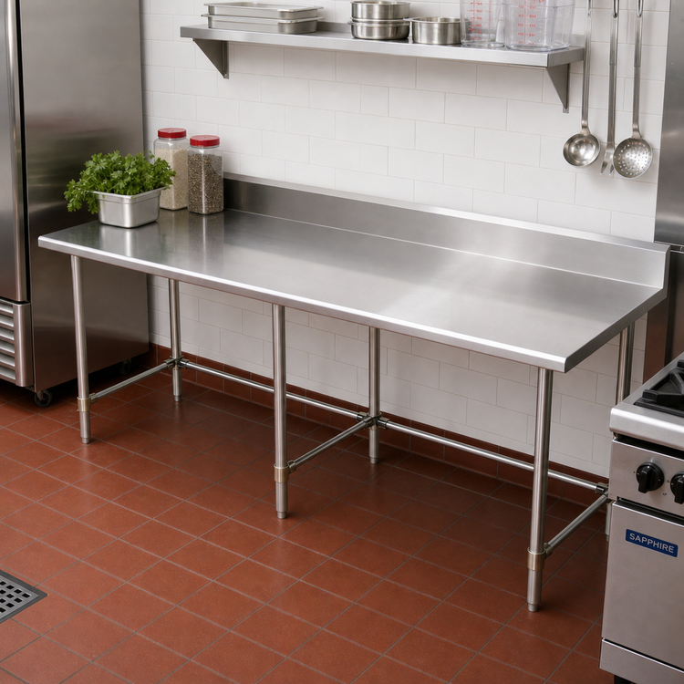 Product image #2 for Sapphire Manufacturing 84-Inch x 24-Inch Stainless Steel Work Table with 5-Inch Backsplash and Galvanized Open Base