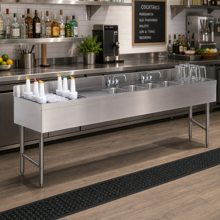Product image #2 for 84-Inch Stainless Steel 3-Compartment Underbar Sink and Ice Bin Combo with Left-Side Ice Bin and Deck-Mount Faucet