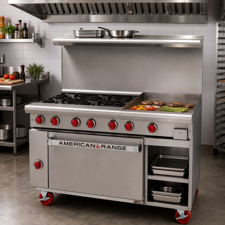 Product image #2 for American Range 48-Inch Gas Restaurant Range with 36-Inch Griddle, 2 Open Burners, Standard Oven, and Storage Base
