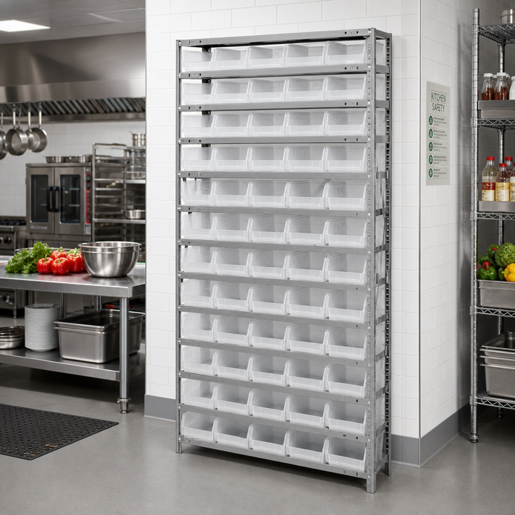 Product image #2 for Quantum Heavy-Duty Stationary Wire Shelving Unit with 13 Shelves and 60 Clear Bins