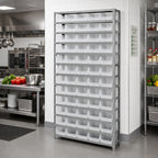 Thumbnail image #2 for Quantum 1875-104CL Heavy-Duty Stationary Wire Shelving Unit, 18"D x 36"W x 75"H, 13 Shelves, 60 Clear Bins, 400 lb./Shelf