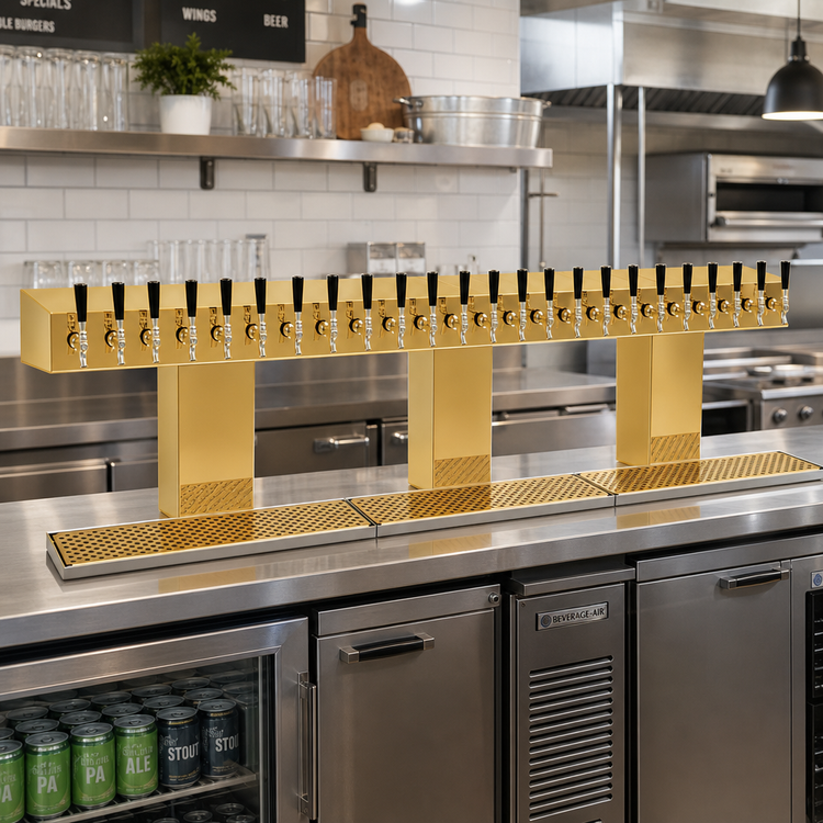 Product image #2 for Glastender BRT-24-PBR Triple-Column Countertop Glycol-Cooled Bridge Draft Dispensing Tower, 24 Faucets, Polished Brass Finish