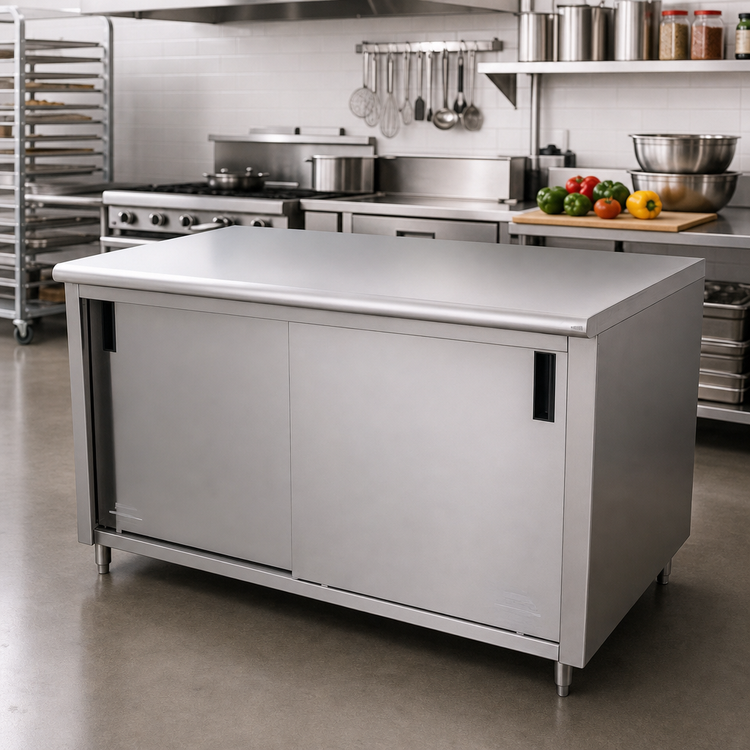 Product image #2 for Advance Tabco Enclosed Work Table with Cabinet Base and Sliding Doors, 108" x 30", 14-Gauge 304 Stainless Steel Top