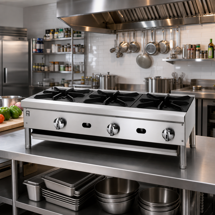 Product image #2 for Jade Supreme 36-Inch Countertop Gas Hot Plate, 3 Open Burners, Stainless Steel, 82,500 BTU