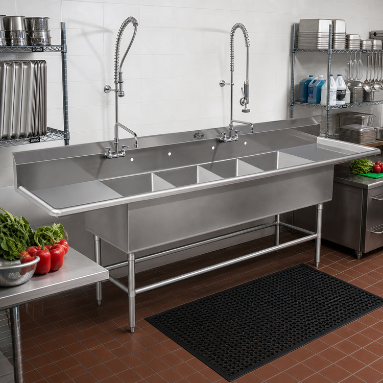 Product image #2 for John Boos Pro-Bowl Commercial 4-Compartment Sink with Left and Right Drainboards, 14-Gauge Stainless Steel, 111-1/4 Inch Wide