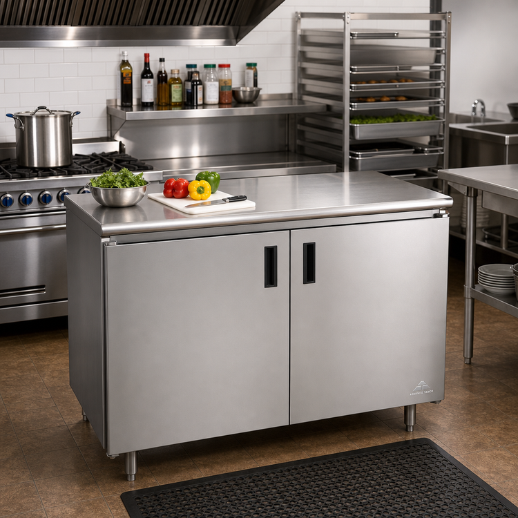 Product image #2 for Advance Tabco 60-Inch x 24-Inch Enclosed Work Table with Cabinet Base, Mid-Shelf, Hinged Doors, and 14-Gauge 304 Stainless Steel Top