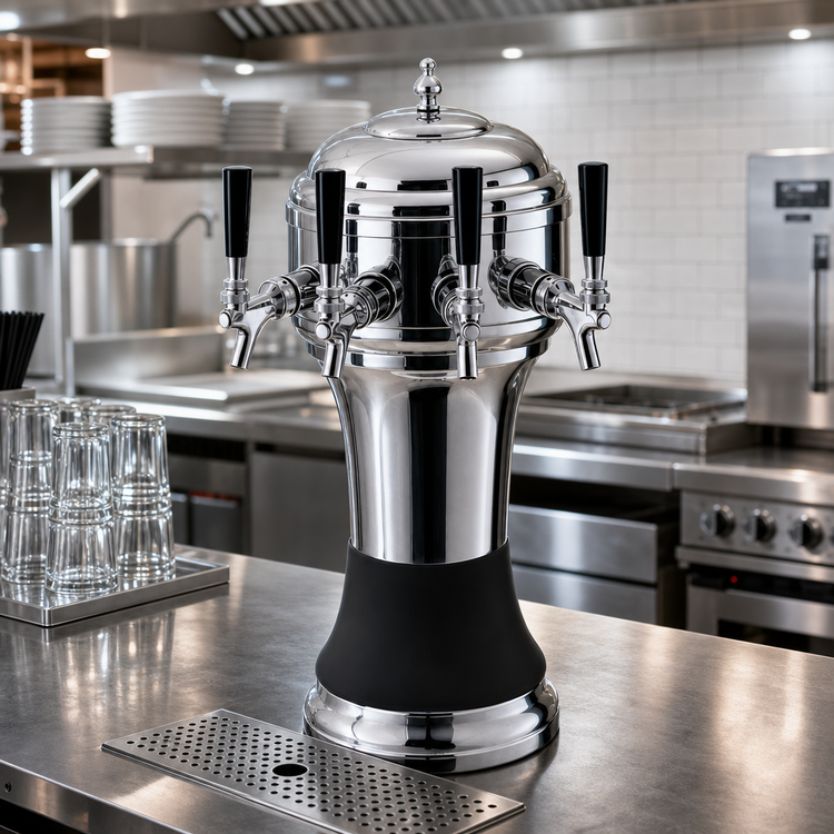 Product image #2 for Perlick Roma Countertop Glycol-Cooled 3-Faucet Draft Beer Tower with Chrome Body and Black Ceramic Skirt