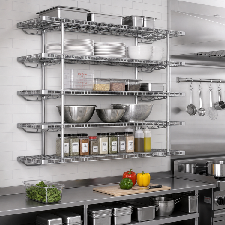 Product image #2 for Eagle Group QuadTruss Piggyback 5-Tier Wall-Mounted Open Wire Shelf Kit, 48 x 18 Inch, Chrome